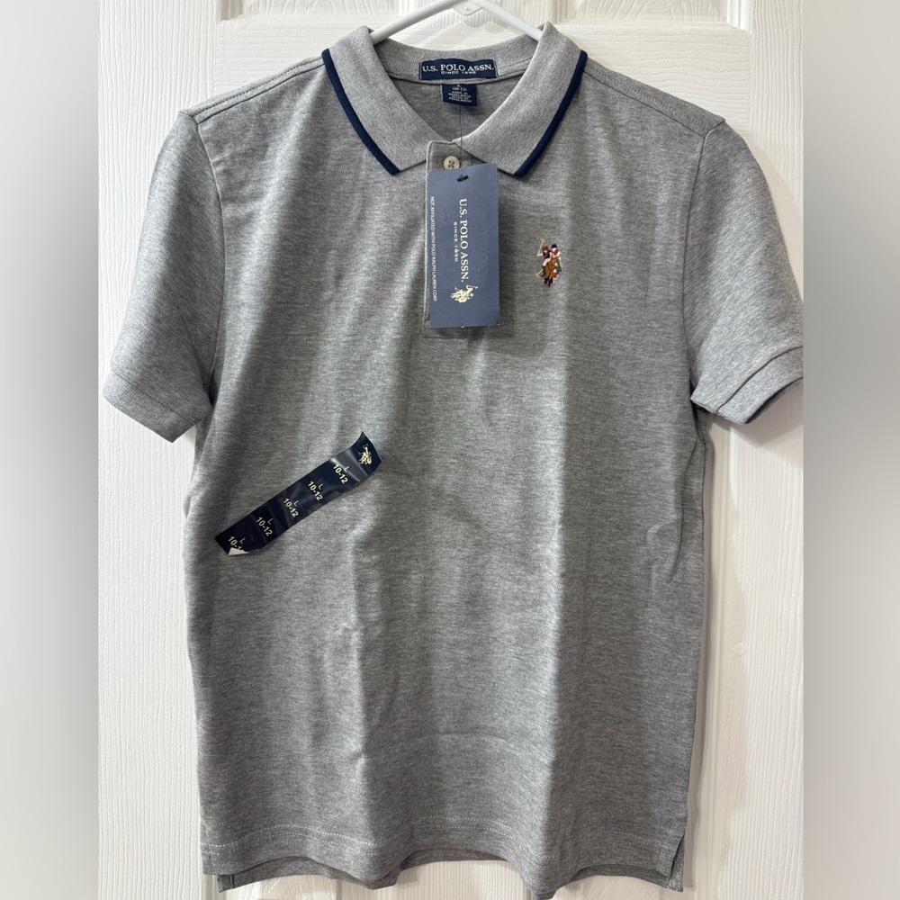 U. S. POLO ASSN. Short sleeves, collared, button polo shirt, Gray, Large Kids